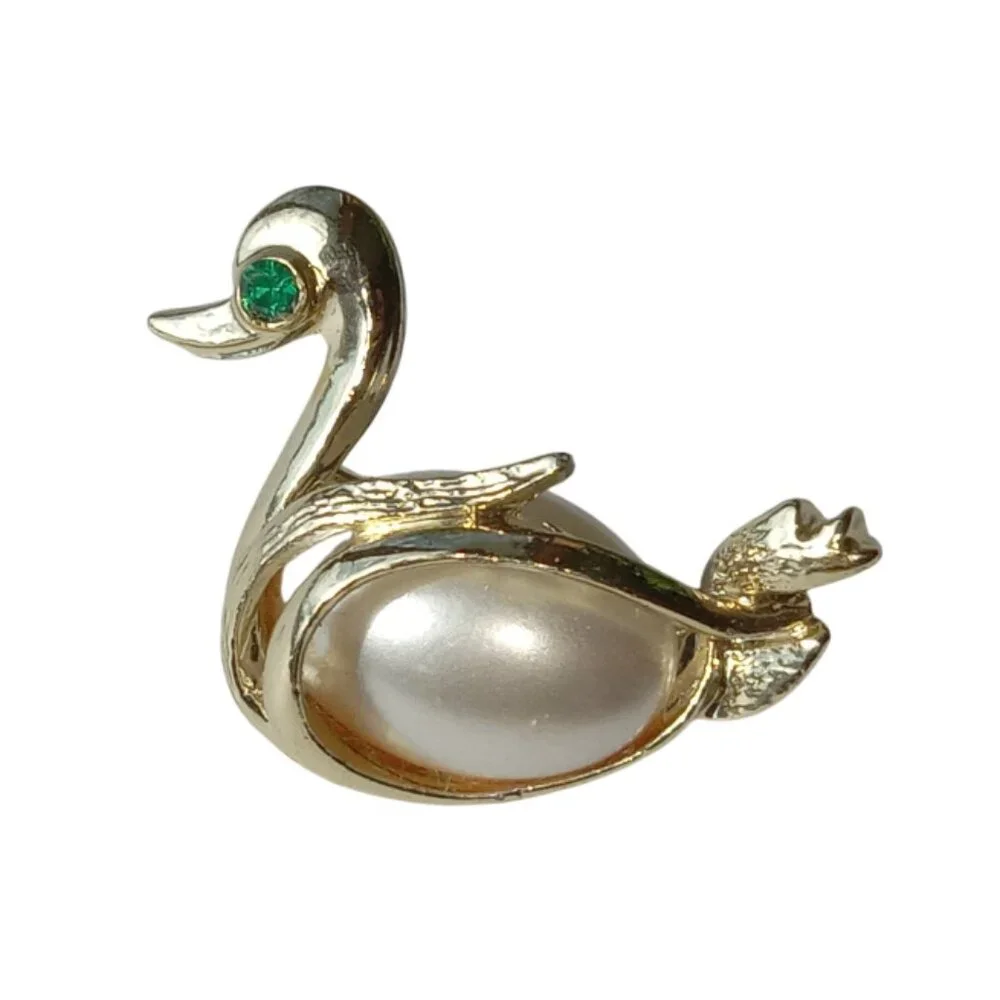 Rare Vintage Jelly Belly Swan Brooch Pin Green Gem Eye - Picture 5 of 12